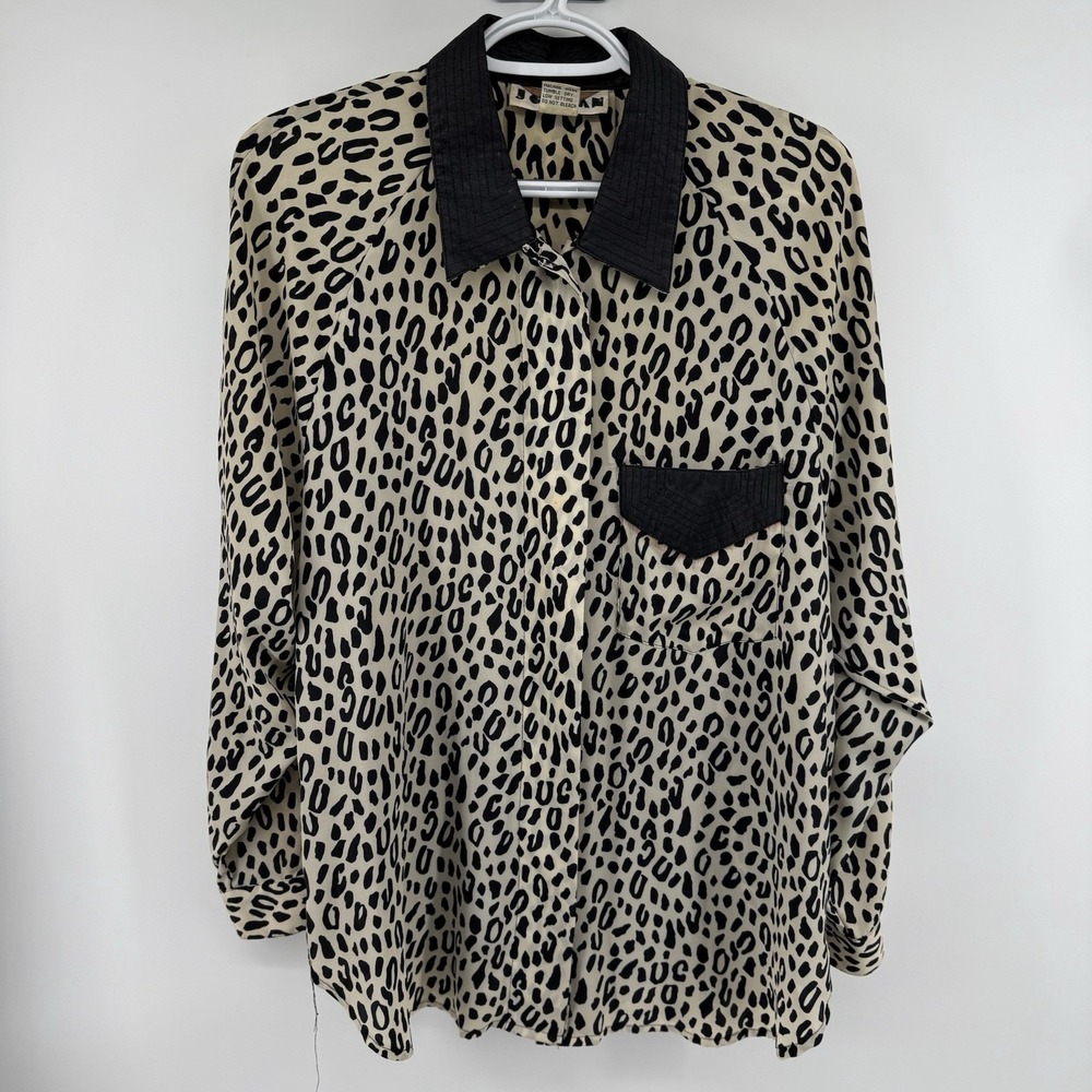 Vintage Jordan Leopard Print Button Down Blouse Black Contrast Collar Size 9/10